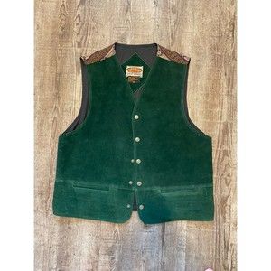 Vintage 70s Men's Sz M Green Leather Suede Vest Print Back Southwestern Western
